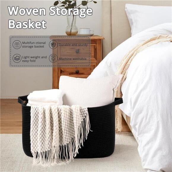 Large Black Woven Blanket Basket Cotton Rope Storage Bin for Toys Towels Laundry - Picture 7 of 8